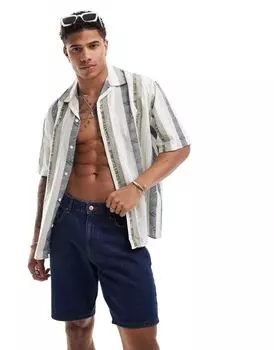 Рубашка оверсайз из льняного микса в полоску с принтом Selected Homme