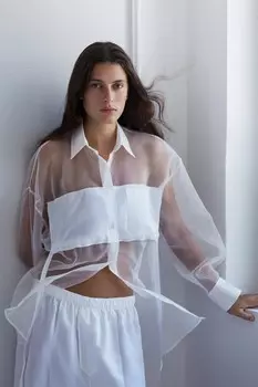 Рубашка оверсайз из поплин органзы ZARA, белый