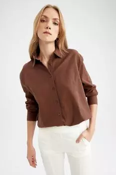 Рубашка оверсайз из смесового льна с длинными рукавами DeFacto, коричневый
