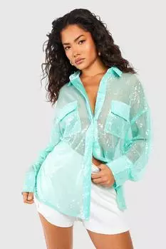 Рубашка оверсайз с карманами и пайетками Boohoo, шалфей