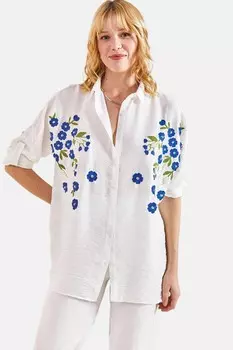Рубашка оверсайз с вышитыми цветочными мотивами Herita, синий