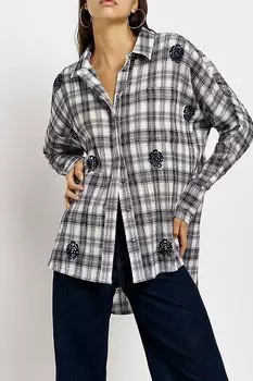 Рубашка оверсайз в клетку с вышивкой River Island, серый