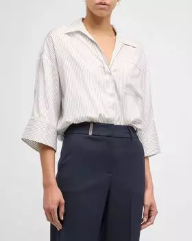 Рубашка оверсайз в полоску из шелкового хлопка Peserico, цвет Inkwell Blue