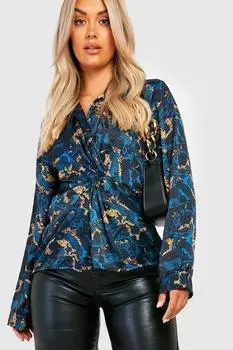 Рубашка plus из атласного атласа пейсли с леопардом Boohoo, синий