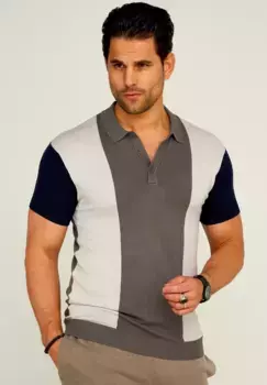 Рубашка-поло behype "KNIT POLO", с дизайном колор-блок, серый