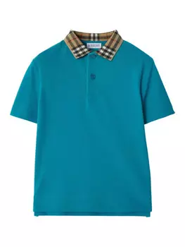 Рубашка поло Burberry Kids из хлопка с клетчатым воротником, синий