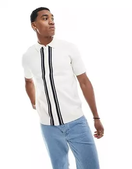 Рубашка-поло цвета экрю и темно-синего трикотажа потертого цвета с застежкой-молнией по всей длине