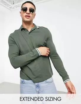 Рубашка-поло цвета хаки из пике с длинными рукавами ASOS DESIGN - MGREEN