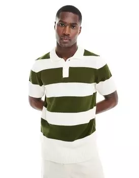 Рубашка-поло цвета хаки с короткими рукавами и полосками ASOS DESIGN
