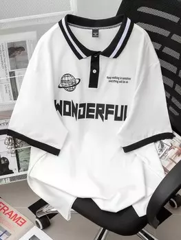 Рубашка-поло Hypemode, короткие рукава, отложной воротник, полосатый узор, точки соединения, напечатанные буквы Для мужчин больших размеров, повседневная одежда Manfinity, мультиколор