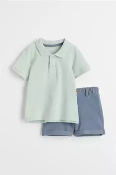 Рубашка поло и шорты H&amp;M, серо-голубой/светло-зеленый