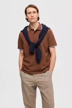 Рубашка-поло из 100% органического хлопка с вышитым логотипом Selected, коричневый