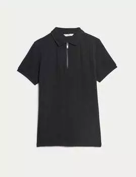 Рубашка-поло из чистого хлопка с фактурной застежкой-молнией Marks & Spencer, черный