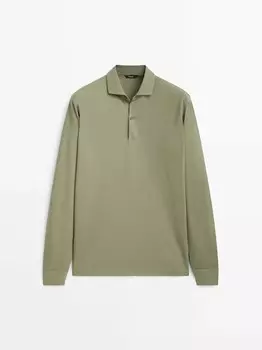 Рубашка-поло из микротекстурированного хлопка с длинными рукавами Massimo Dutti, зеленый