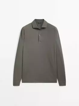 Рубашка-поло из микротекстурированного хлопка с длинными рукавами Massimo Dutti, серовато-зеленый