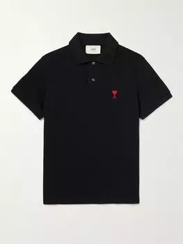 Рубашка поло из органического хлопка-пике с вышитым логотипом AMI PARIS, черный