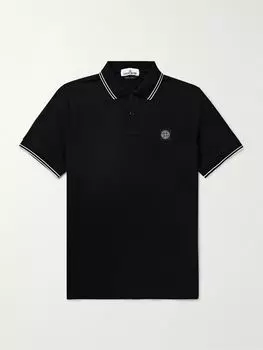 Рубашка-поло из пике из эластичного хлопка с аппликацией логотипа STONE ISLAND, черный
