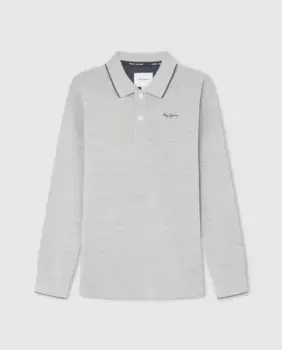 Рубашка-поло из пике с длинными рукавами и контрастной окантовкой для мальчика Pepe Jeans, светло-серый