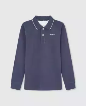 Рубашка-поло из пике с длинными рукавами и контрастной окантовкой для мальчика Pepe Jeans, темно-синий