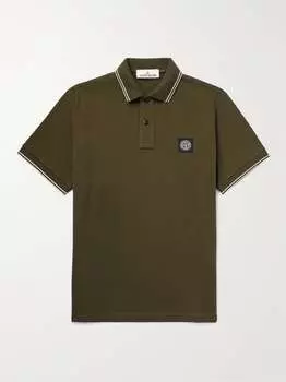 Рубашка поло из смесового хлопка пике с аппликацией логотипа STONE ISLAND, зеленый