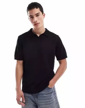 Рубашка поло Jack & Jones Premium с разрезным воротом и текстурой букле черного цвета