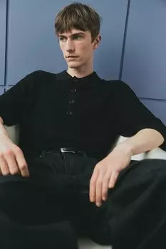 Рубашка-Поло классического кроя из вафельной вязки H&M, черный