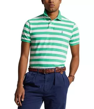 Рубашка-поло классического кроя в полоску с короткими рукавами и сеткой Polo Ralph Lauren, синий
