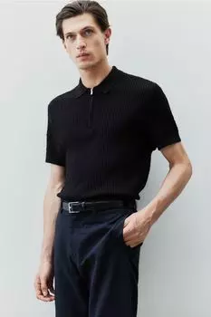 Рубашка-Поло косой вязки приталенного кроя H&M, черный