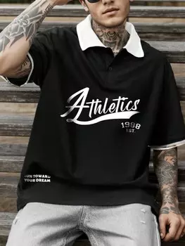 Рубашка-поло мужская Manfinity Sporsity с буквенным принтом и воротником в стиле пэчворк, черный