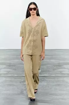 Рубашка-поло oversize из жаккардового трикотажа ZARA, оливково-зеленый