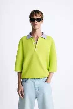 Рубашка-поло oversize с контрастной деталью ZARA, зеленый