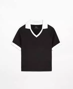 Рубашка-поло Oysho Side Stripe Short-sleeved Crop With Cotton, черный