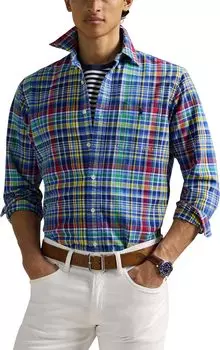 Рубашка Polo Ralph Lauren Classic Fit Plaid Performance Shirt, цвет Navy/Yellow Multi