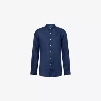 Рубашка Polo Ralph Lauren из льна с длинными рукавами и отложным воротником на пуговицах, темно-синий