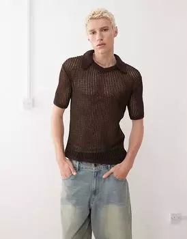 Рубашка поло Reclaimed Vintage с ажурным швом шоколадно-коричневого цвета