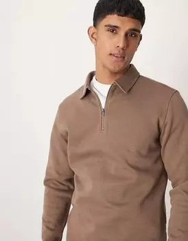 Рубашка поло с длинным рукавом и застежкой-молнией в коричневом цвете Selected Homme