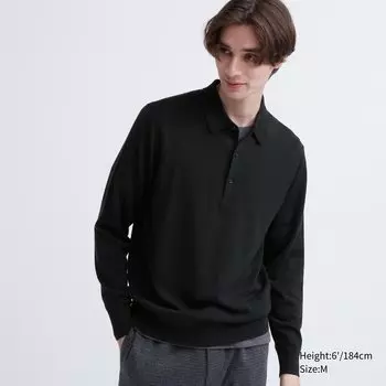Рубашка поло с длинными рукавами из 100% очень тонкой вязки мериноса Uniqlo, черный