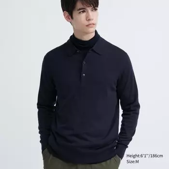 Рубашка поло с длинными рукавами из 100% очень тонкой вязки мериноса Uniqlo, темно-синий