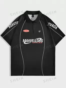 Рубашка поло с короткими рукавами Street Life Печать спортивных писем о гонках Для мужчин, подходит для весенних и летних футболок, школьных футболок Romwe, черный