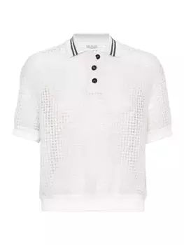 Рубашка-поло с вышивкой Dazzling Net из мохера и шерсти Brunello Cucinelli, белый