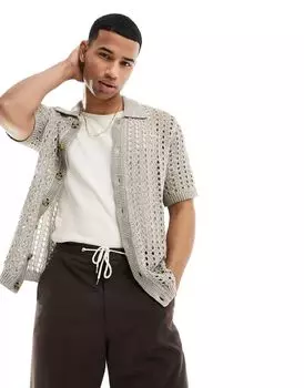 Рубашка-поло свободного кроя ASOS с каменной отделкой и планкой на пуговицах