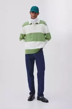 Рубашка поло свободного кроя H&amp;M, кремовый/зеленые полосы