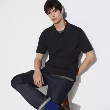 Рубашка-поло UNIQLO AIRism Kanoko из хлопка с коротким рукавом, черный