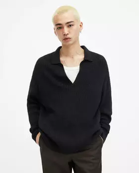 Рубашка поло в рубчик с длинными рукавами Kanyon AllSaints, черный