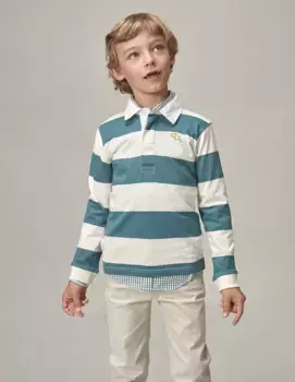 Рубашка-поло в зеленую полоску для мальчика с контрастными деталями и длинными рукавами Gocco, белый