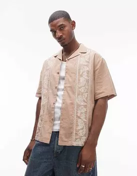 Рубашка повседневного кроя с короткими рукавами Topman бежевого цвета с вышивкой пейсли