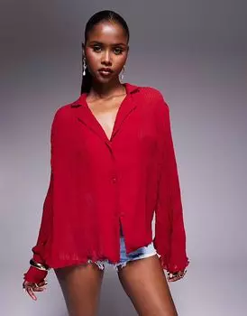 Рубашка Princess Polly с расклешенными рукавами и салатовым краем, бордового цвета