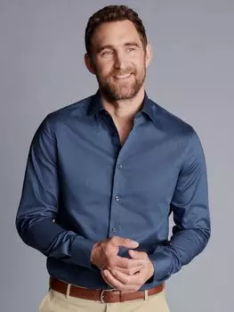 Рубашка приталенного кроя с ромбовидной эластичной текстурой без глажки Charles Tyrwhitt, джинсовый синий