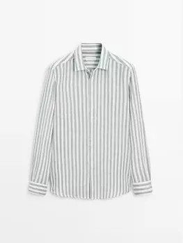 Рубашка приталенного кроя в полоску из 100% льна Massimo Dutti, зеленый