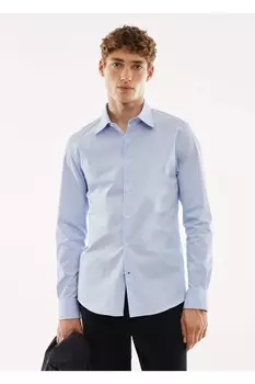 Рубашка приталенного кроя в тонкую полоску Mango, синий